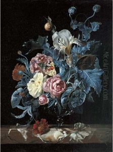 Roses, Irises, Poppies And Other Flowers In A Glass Vase, On A Marble Ledge With A Tortoiseshell Butterfly And Insects by Willem Van Aelst