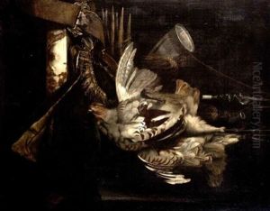 A Dead Partridge And Hunting Paraphernalia Hanging Above A Draped Marble Ledge by Willem Van Aelst