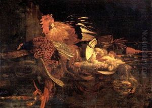 A Dead Cockerel And Game Birds Suspended By String With A Pheasant And A Falcon's Hood On A Ledge by Willem Van Aelst