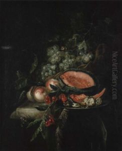 Fruchtestilleben Mit Pfirsichen, Kirschen, Melone, Nussen Und Weintrauben Auf Einer Drapierten Steinplinthe by Willem Van Aelst