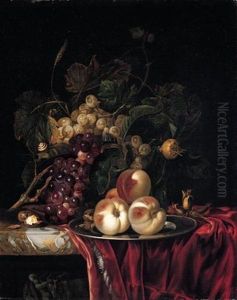 A Still Life Of Peaches On A Pewter Plate, Bunches Of Grapes, Walnuts And Almonds Together On A Red Cloth On A Stone Ledge by Willem Van Aelst