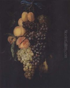 A Garland Of Grapes, Peaches, Apricots And A Honey Melon, Suspended From A Nail, Tied With A Blue Ribbon by Willem Van Aelst