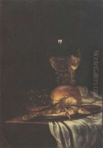 A Still Life With A Herring On A Pewter Plate And A Knife, A Bun, A Roemer And A Glass, All On A Partly Draped Table by Willem Van Aelst