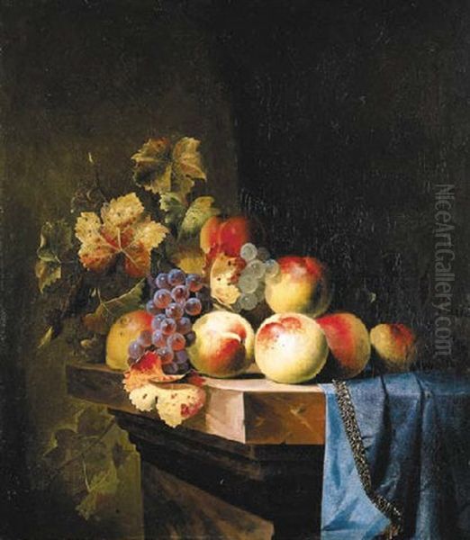 Peaches And Grapes On A Marble Ledge - view 1