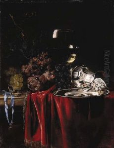 Grapes, A Pocketwatch, A Roemer, A Silver Ewer And A Plate, On A Partly Draped Marble Ledge, The Artist At Work At His Easel Reflected In The Roemer by Willem Van Aelst