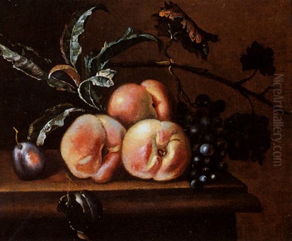 A Still Life With Peaches, Grapes And A Prune, All On A Marble Ledge - view 1