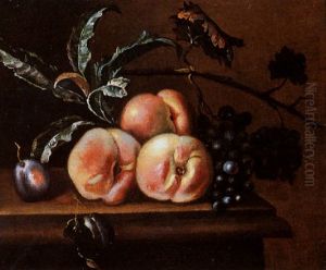A Still Life With Peaches, Grapes And A Prune, All On A Marble Ledge