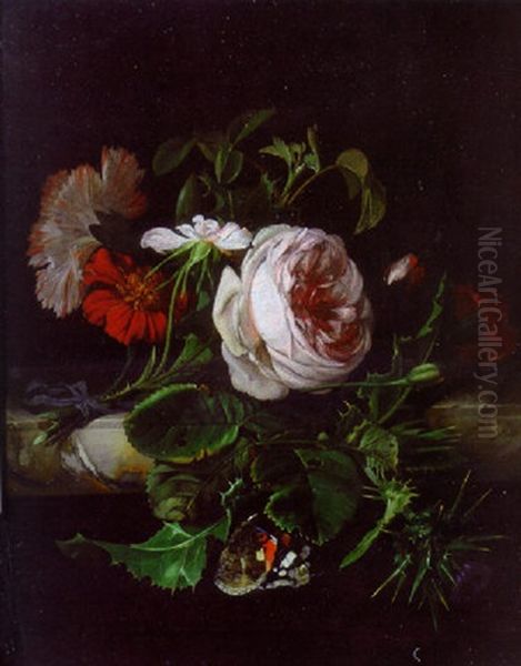 A Sprig Of Damask Roses, A White And Red Carnation And A Thistle, Tied With A Blue Ribbon, With A Red Admiral, On A Stone Ledge - view 1