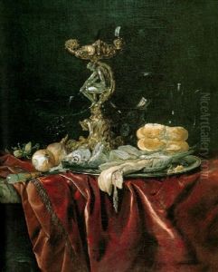 Still Life Of Fish On A Pewter Platter, An Orpheus Salt Cellar, A Roemer And Other Objects, All On A Draped Table