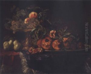 Still Life Of Fruit On A Silver-gilt Tazza And A Silver Plate With Three Pears And A Pomegranate On A Table Covered With Satin And Velvet by Willem Van Aelst