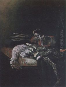 Still Life Of Powder Flasks, A Hoopoe, A Falcon's Hood And Hare Traps With A Velvet Cloth On A Marble Ledge