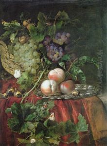 Grapes In A Basket, Peaches On A Silver Dish, Chestnuts, Butterflies And Insects On A Partly Draped Ledge by Willem Van Aelst