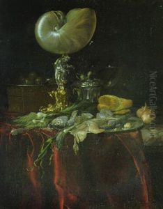 A Nautilus Cup, A Pickled Herring And A Fillet On A Pewter Plate With A Fly And Other Objects On A Partly Draped Marble Shelf by Willem Van Aelst