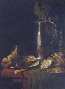 An Upturned Roemer And Lemon Peel On A Pewter Plate, A Ewer, A Sprig Of Bay Leaves, A Knife And Oysters On A Table by Willem Van Aelst