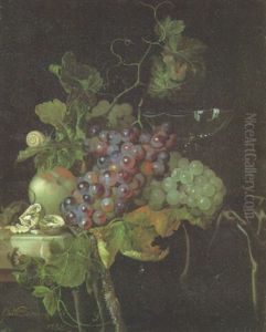 Grapes, An Apple, A Sliced Walnut, A Glass, A Snail And A Mouse On A Marble Ledge by Willem Van Aelst