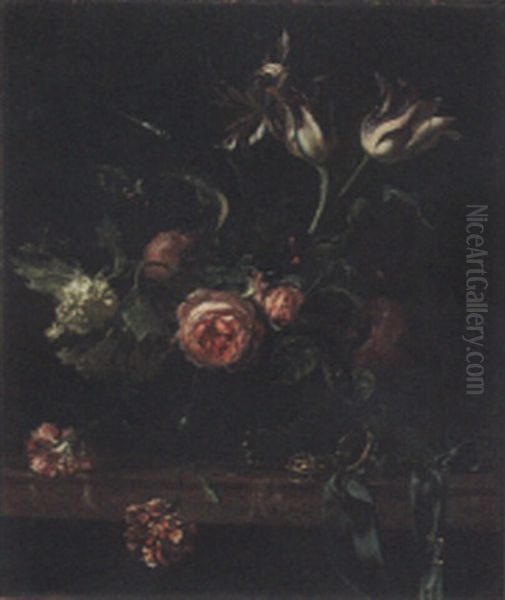 Still Life Of Roses, Tulips, Pansies And Other Flowers In Glass Vase - view 1