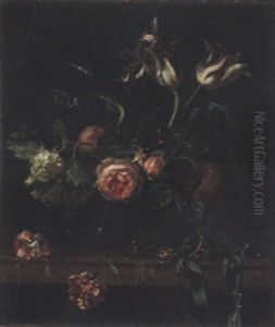 Still Life Of Roses, Tulips, Pansies And Other Flowers In Glass Vase by Willem Van Aelst