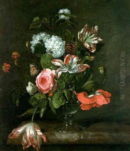 A Still Life Of Parrot Tulips, Roses And Other Flowers In A Glass Vase On A Marble Ledge With Butterflies by Willem Van Aelst