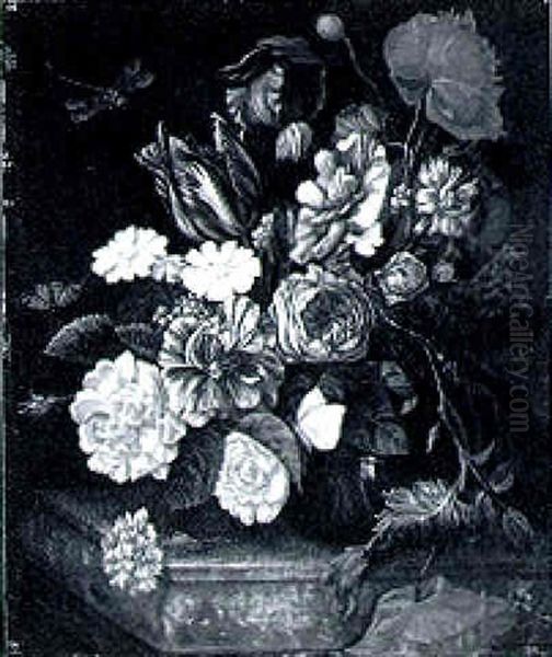 An Iris, Roses, Poppies, Tulips And Other Assorted Flowers In A Glass Vase On A Stone Ledge - view 1