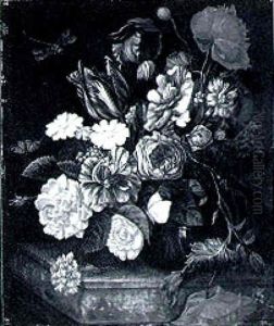 An Iris, Roses, Poppies, Tulips And Other Assorted Flowers In A Glass Vase On A Stone Ledge by Willem Van Aelst