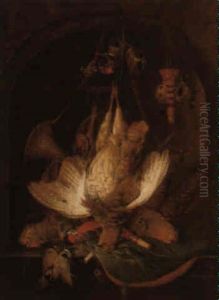 A Hunting Still Life With A Hanging Partridge And A Hunting Horn On A Ledge
