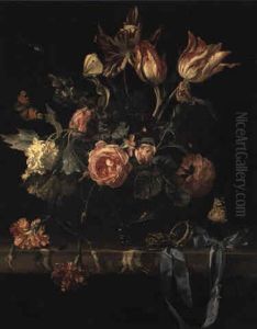 Still Life Of Roses And Other Flowers With Watch In Crystal Case