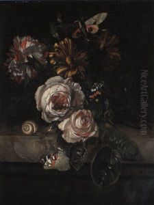 Pink Roses And Other Flowers And Insects by Willem Van Aelst