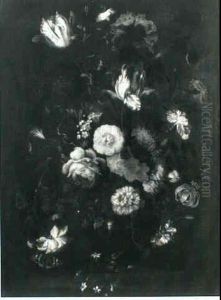 Floral Still Life With Tulips, Carnations, Camelias, Peonies, And Baby Blue Eyes In A Siver Vase On A Ledge ... by Willem Van Aelst