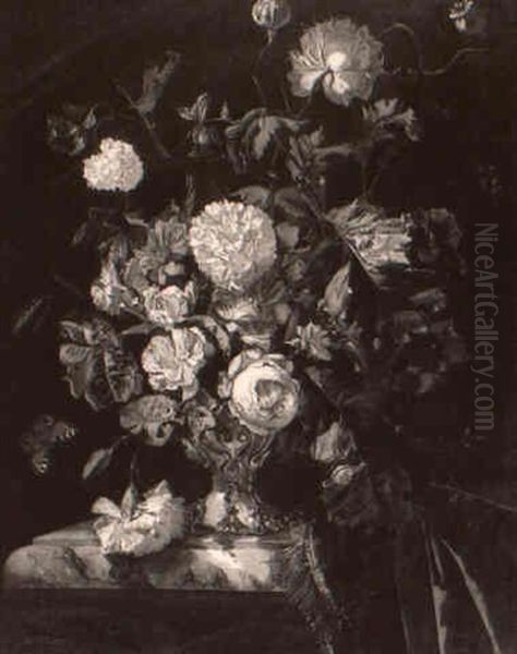 Still Life With Primroses, Morning Glory And Butterfly On A Marble Table - view 1