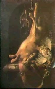 A Still Life Of A Hare A Partridge And Hunting Equipment Hanging Above A Marble Ledge by Willem Van Aelst