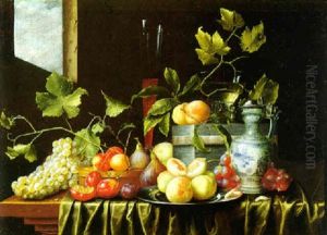 Still Life Of Fruit, A Covered Pitcher, A Wine Flute, A Roemer And Two Wood Boxes, All On A Draped Table Near An Open Window