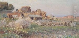 A Sheep Farm On The Roman Campagna, A Ruined Aqueduct Beyond by Franz Theodor Aerni