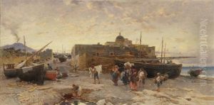 Reges Treiben Im Hafen Von Neapel, Im Hintergrund Der Vesuv by Franz Theodor Aerni