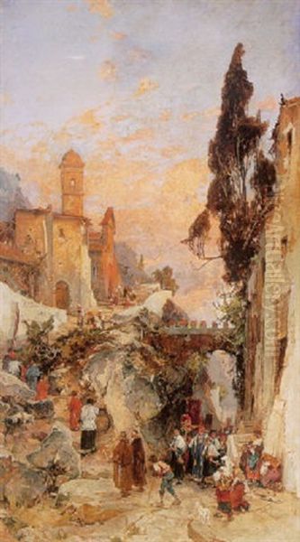 A Religious Procession Passing Through A Mountainous Italian Village - view 1