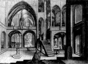 Interieur De Cathedrale Gothique Avec Le Pape Adriaen Vi En Priere