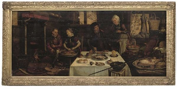 A Kitchen Interior, With A Couple At A Laid Table, A Servant Couple By The Fire Beside Them - view 1