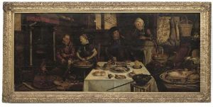 A Kitchen Interior, With A Couple At A Laid Table, A Servant Couple By The Fire Beside Them by Pieter Aertsen