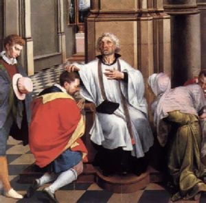A Cathederal Interior With A Priest In The Act Of Absolution