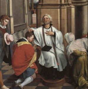 Cathedral Interior With A Priest In The Act Of Absolution