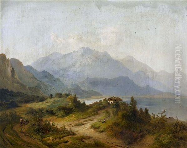 Bergsee Mit Haus Und Holzsammler - view 1