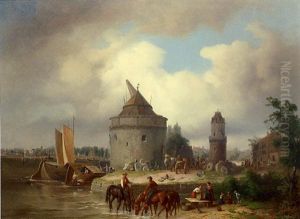 A Great Stone Mill On A River, With Mounted Tradesmen, Peasant Workers, Merchant Sailing Craft, Outbuildings, A Thriving Town Beyond by Karl August Aerttinger