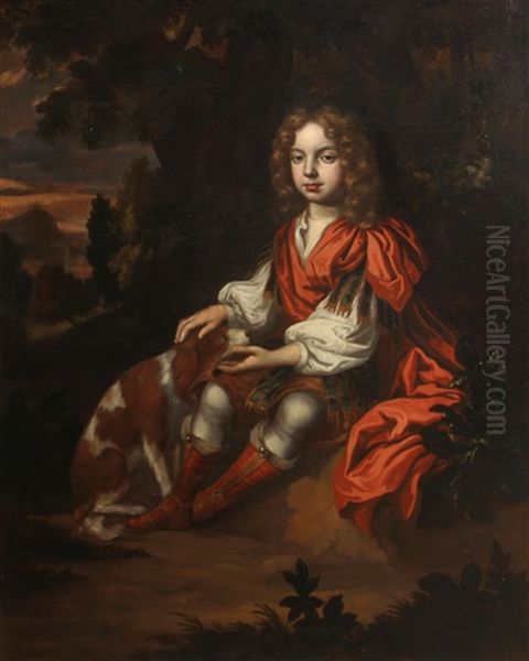 A Portrait Of A Boy, Full-length, Seated In A Woodland, His Dog By His Side - view 1