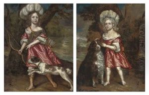 Portrait Of A Young Girl As Diana With A Dog In A Landscape, A River Beyond (+ Portrait Of A Young Girl In A Red And White Dress With A Dog; Pair) by Charles d' Agar