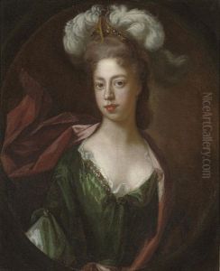 Portrait Of A Lady In Green Bejewelled Classical Dress And Red Wrap, With A Plumed Head-dress