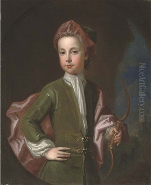 Portrait Of A Young Gentleman Of The Halsey Family, Three-quarter-length, In A Green Coat And Hat With A Pink Cloak, Holding A Bow In His Left Hand, In A Landscape, Feigned Oval - view 1
