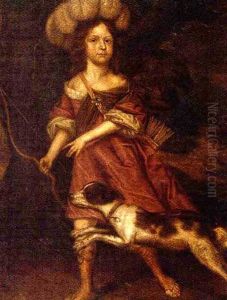 Portrait Of A Young Lady As Diana The Huntress, In A Red Dress, A Bow In Her Right Hand And A Hound By Her Side by Charles d' Agar