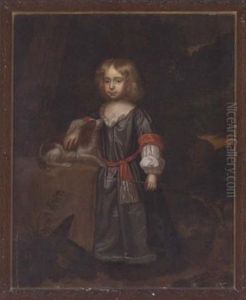Portrait Of Sir Hugo Briggs In A Grey Dress, Holding A Bow And Arrow In His Left Hand With A Spaniel By His Side