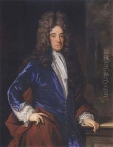 Portrait Of A Gentleman Standing, Wearing A Blue Coat And A Red Cloak, With A White Jabot