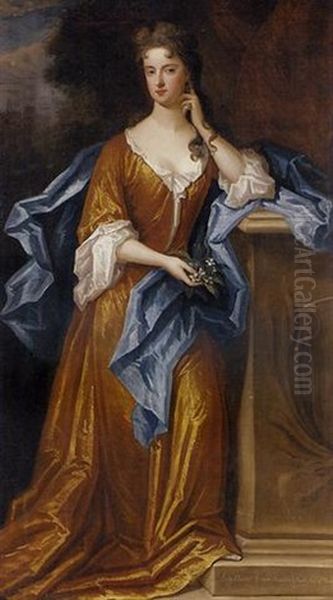 Portrait Of Lady Elizabeth Germaine, Daughter Of Charles, 2nd Earl Of Berkeley, In A Golden Dress And Blue Wrap, Holding A Sprig Of Blossom, Leaning Against A Stone Plinth, A Mansion Beyond - view 1