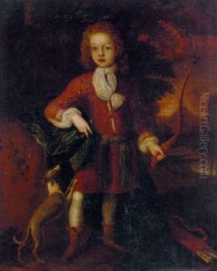 Portrait Of A Boy, In A Brown Coat And Blue Cloak, Holding A Bow, A Dog At His Side, In A Landscape